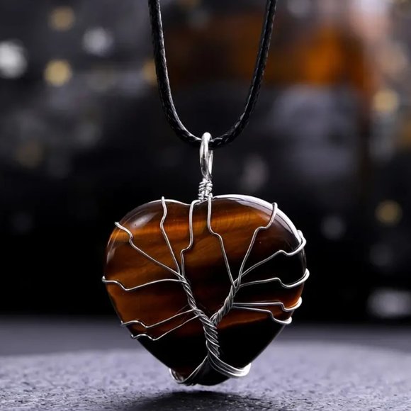 Heart Shaped Tiger Eye Natural Gemstone Tree Of Life Wire Wrap Pendant Necklace - Picture 2 of 2